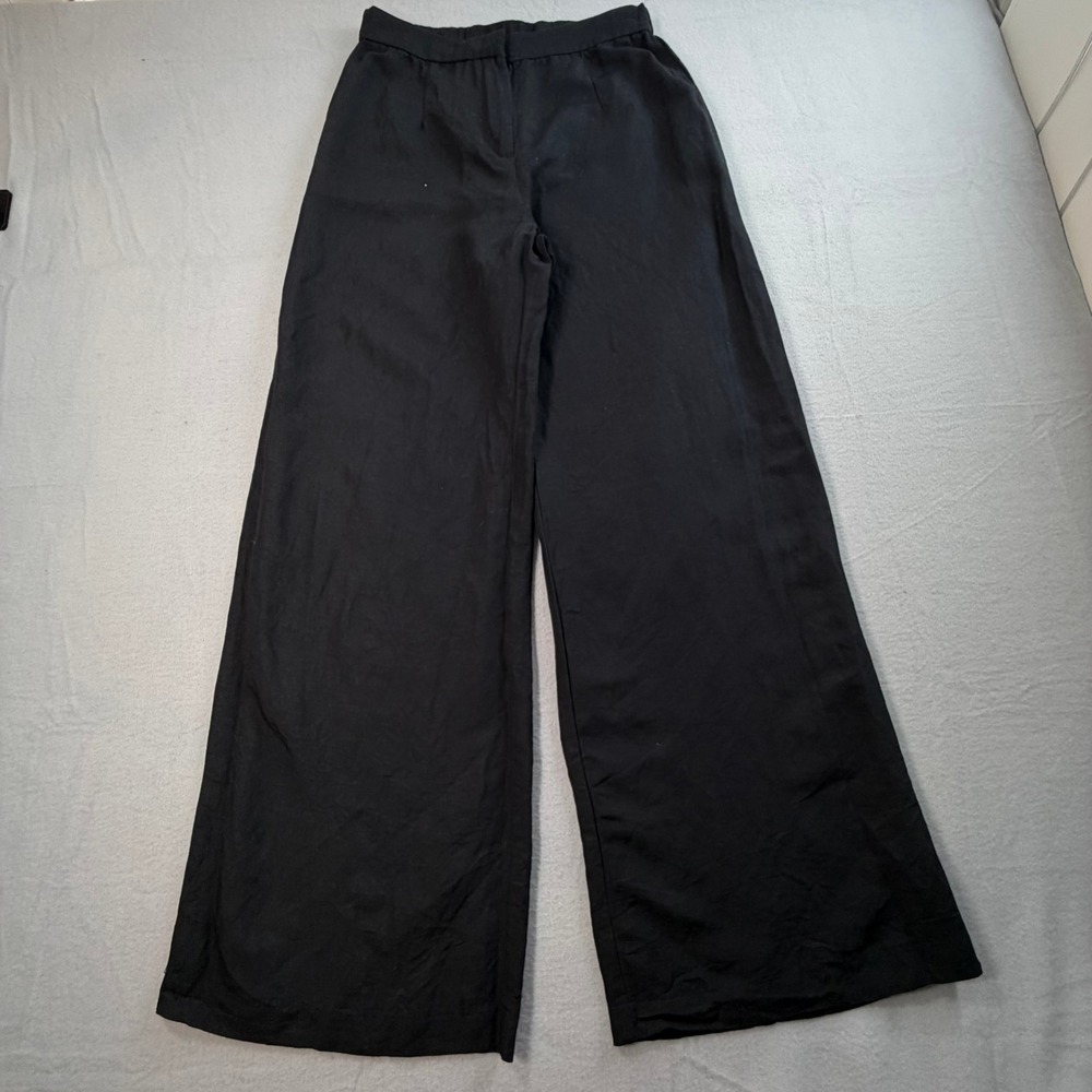 H&M Black Wide Leg Pants 6 Linen High Waist Office Chic Capsule Wardrobe - Picture 3 of 8